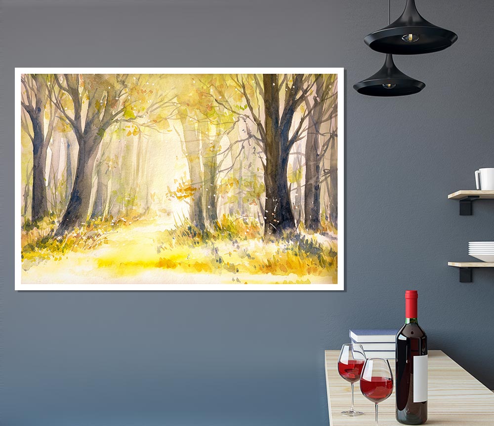 Yellow Forest Woodland Watercolour Print Poster Wall Art