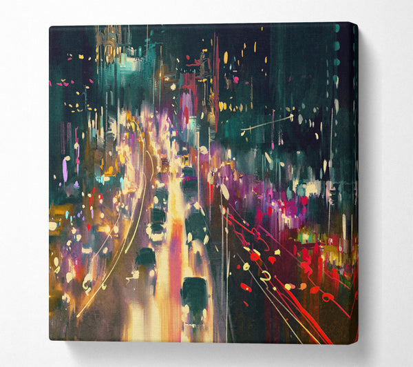 A Square Canvas Print Showing Busy Night Traffic Lights Watercolour Square Wall Art