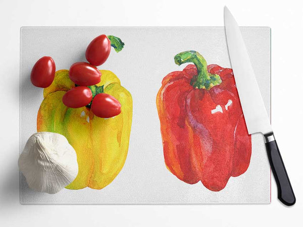 Yellow And Red Pepper Glass Chopping Board