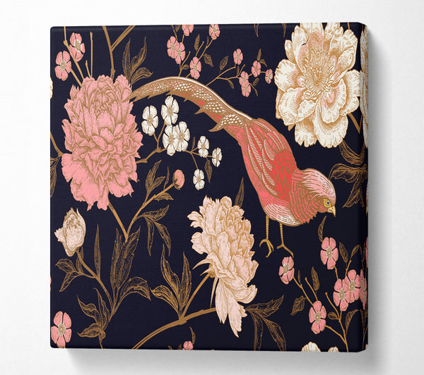A Square Canvas Print Showing Pheasant And Flowers Square Wall Art