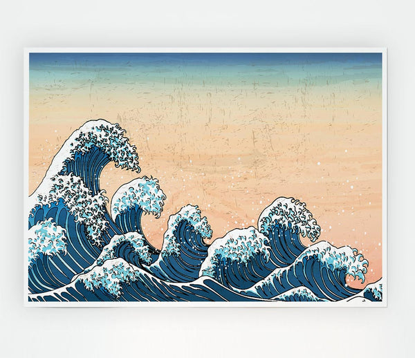 Japanese Waves In The Sunset Print Poster Wall Art