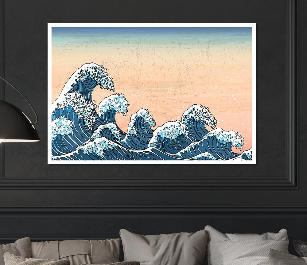 Japanese Waves In The Sunset Print Poster Wall Art