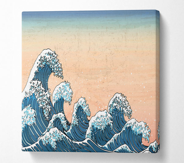 A Square Canvas Print Showing Japanese Waves In The Sunset Square Wall Art