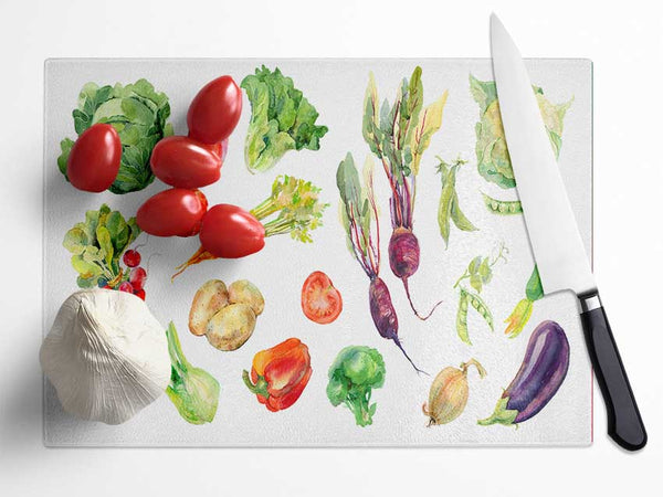Selection Of Watercolour Vegetables Glass Chopping Board