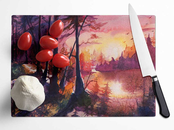 Vibrant Orange Sun In The Forest Glass Chopping Board