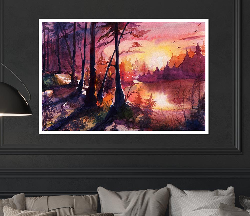 Vibrant Orange Sun In The Forest Print Poster Wall Art