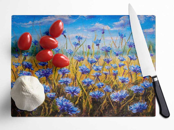 Tiny Blue Flowers In The Field Glass Chopping Board