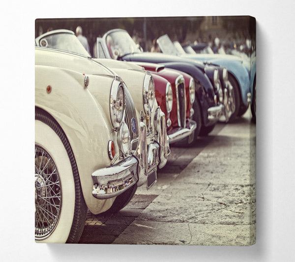 A Square Canvas Print Showing Classic Cars In A Row Square Wall Art