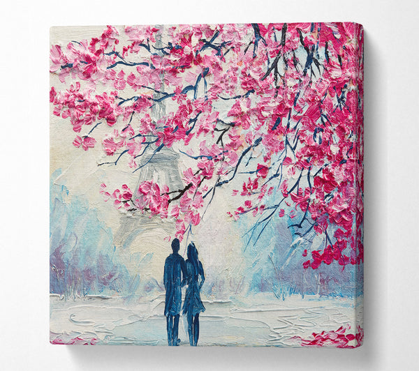 A Square Canvas Print Showing Walk Through Paris Blossom Square Wall Art