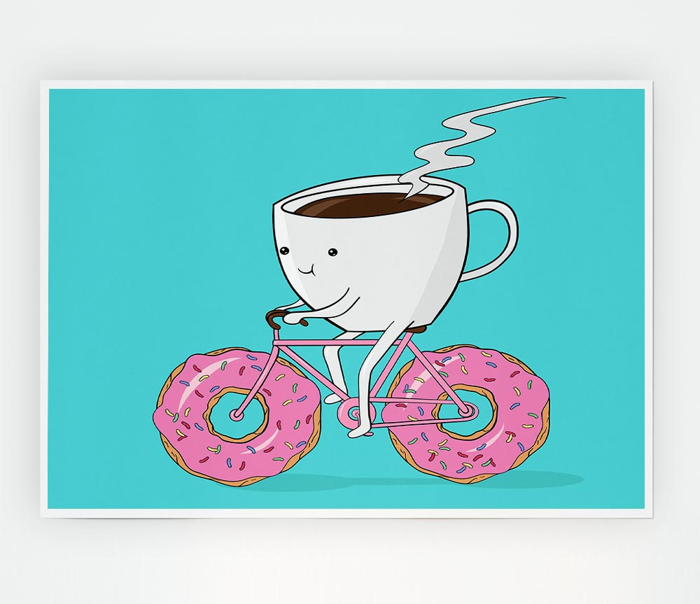 Coffee Riding A Donut Bicycle Print Poster Wall Art