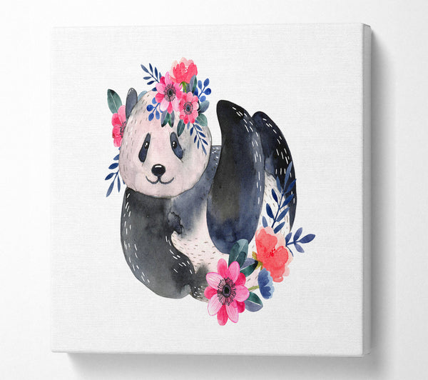 A Square Canvas Print Showing Cute Floral Panda Square Wall Art