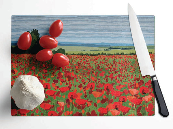 Red Poppy Field Flowers Glass Chopping Board