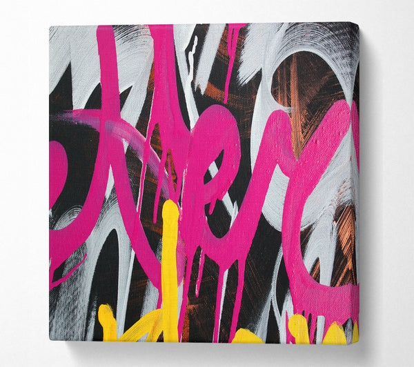 A Square Canvas Print Showing Swirl Of Pink Graffiti Square Wall Art