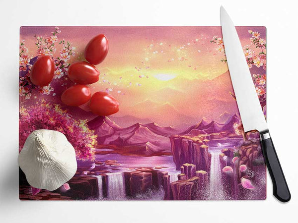 Beautiful Pink Blossom Waterfall Glass Chopping Board