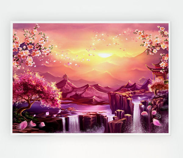 Beautiful Pink Blossom Waterfall Print Poster Wall Art