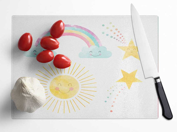 Happy Rainbow And Clouds Glass Chopping Board