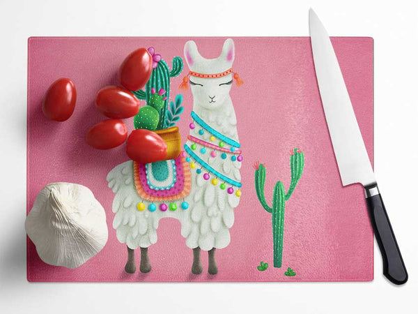 Llama Carrying Cactus Glass Chopping Board