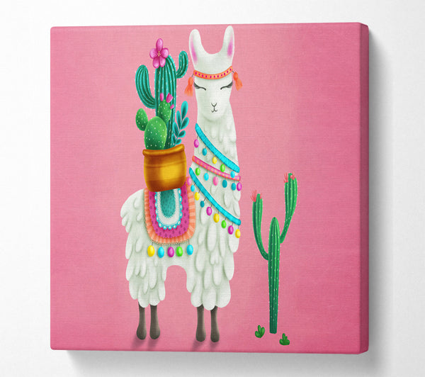 A Square Canvas Print Showing Llama Carrying Cactus Square Wall Art