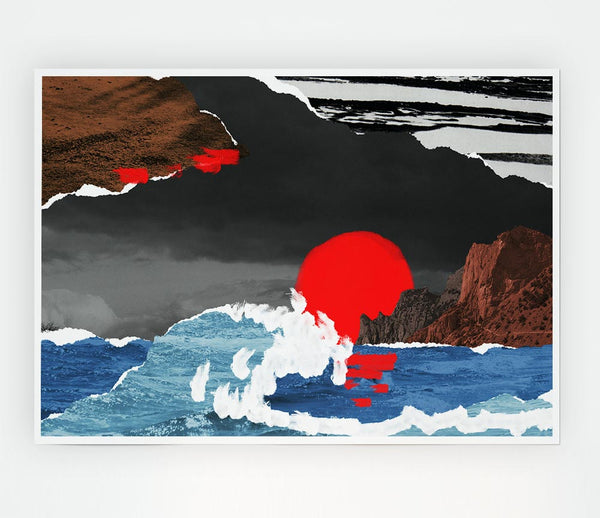 Cut Out Mountain Ocean Red Sun Print Poster Wall Art