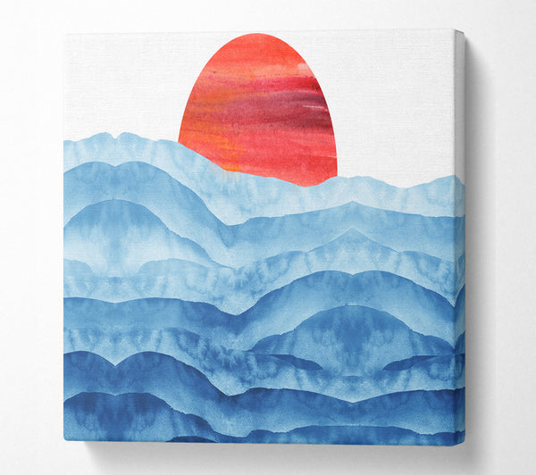 A Square Canvas Print Showing Red Sun Over The Ripples Square Wall Art