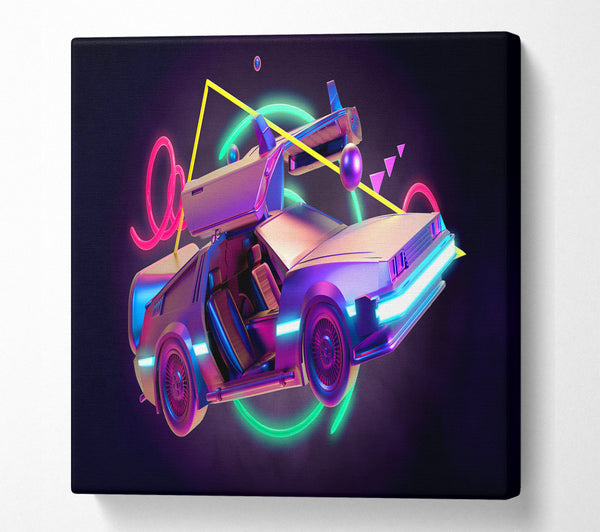 A Square Canvas Print Showing Delorean Car Neon Square Wall Art