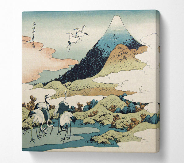 A Square Canvas Print Showing Cranes Below The Mountains Square Wall Art