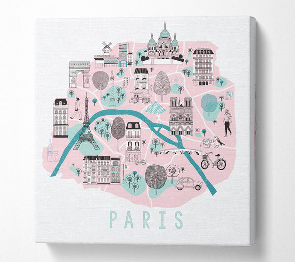 A Square Canvas Print Showing Little Map Of Paris Square Wall Art