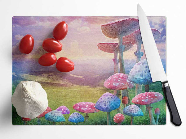 Tall Mushrooms In The Valley Glass Chopping Board
