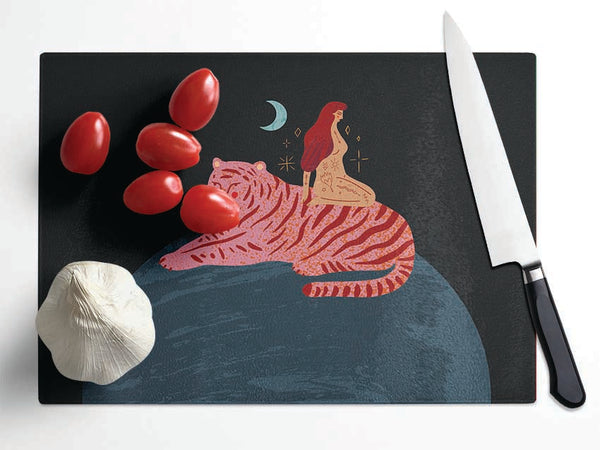 Woman And Tiger Planet Glass Chopping Board