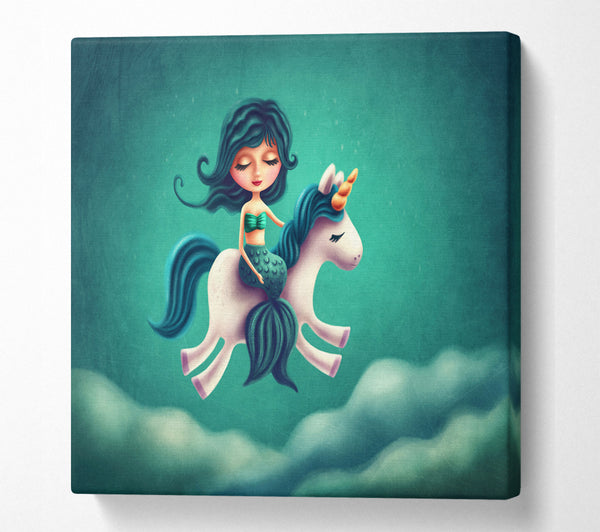 A Square Canvas Print Showing Mermaid Riding A Unicorn Square Wall Art