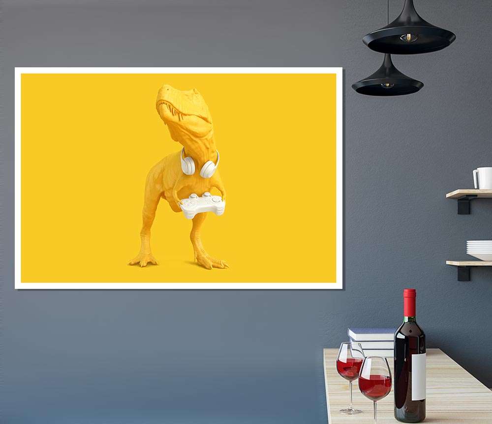 Yellow Dinosaur Gamer Print Poster Wall Art