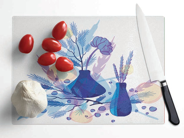 Two Blue Vases Of Flowers Glass Chopping Board