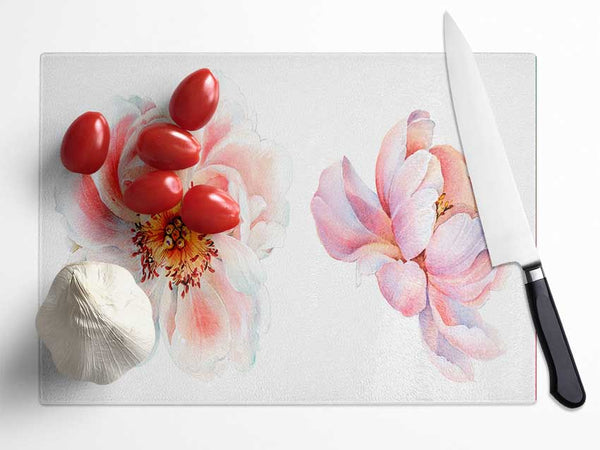 Two Beautiful Pink Peach Flowers Glass Chopping Board