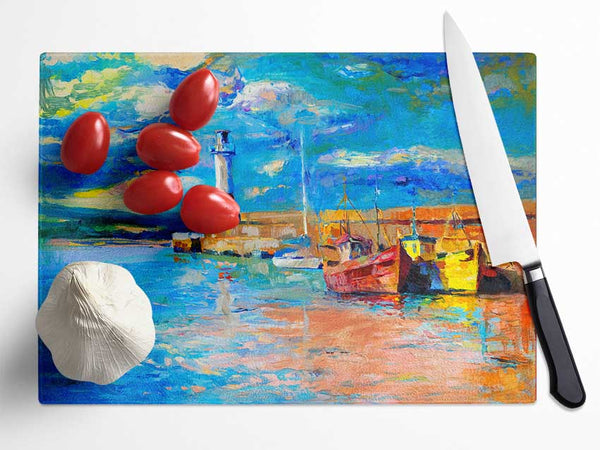 The Lighthouse Coastal Town Glass Chopping Board