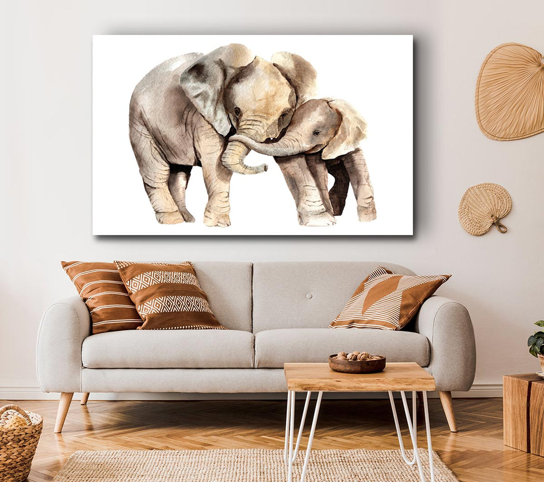 Picture of Elephants Holding Trunks Canvas Print Wall Art