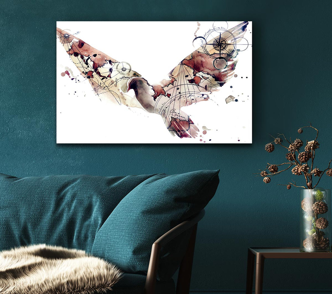 Picture of Dove in flight watercolour maps Canvas Print Wall Art