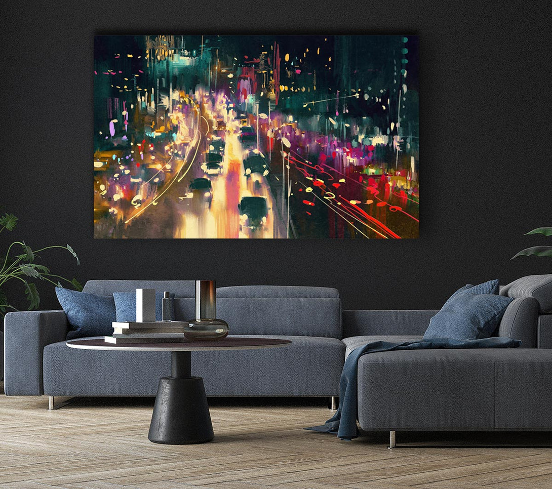 Picture of Busy Night Traffic Lights Watercolour Canvas Print Wall Art