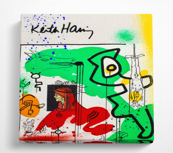 A Square Canvas Print Showing Keith Haring Woman In Red Square Wall Art