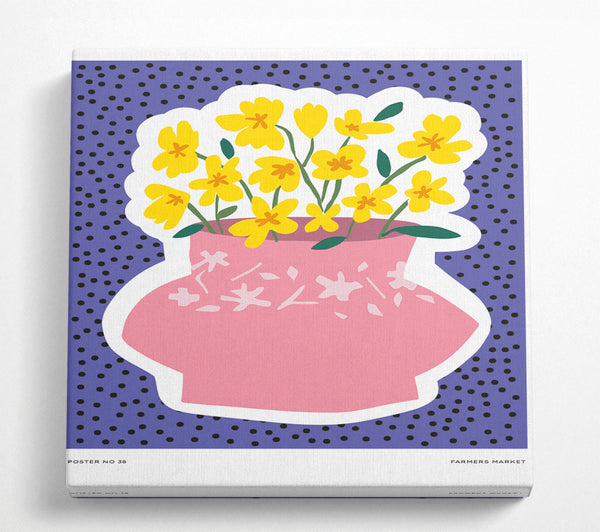A Square Canvas Print Showing Pink Flower Vase Yellow Flowers Square Wall Art