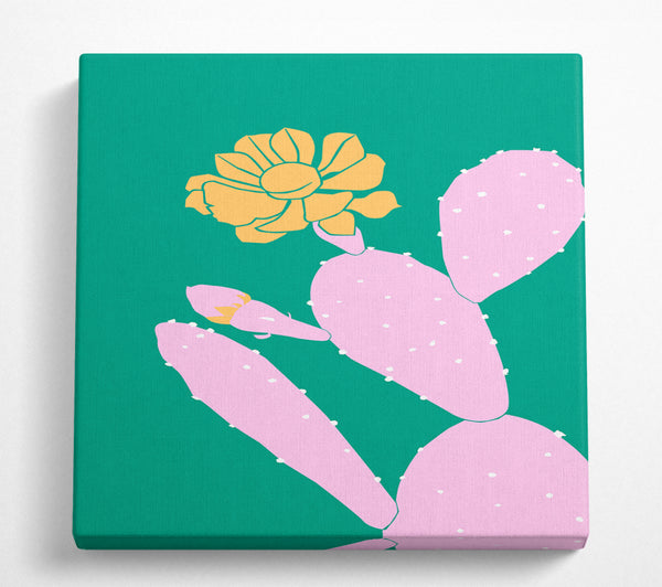 A Square Canvas Print Showing Pink Cactus With A Yellow Flower Square Wall Art