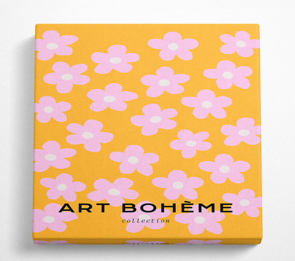 A Square Canvas Print Showing Pink Flowers On Yellow Square Wall Art