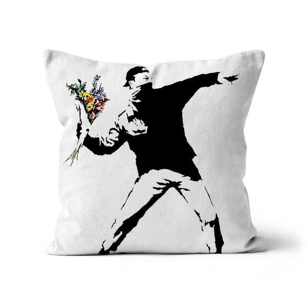 Flower Thrower White Banksy Cushion