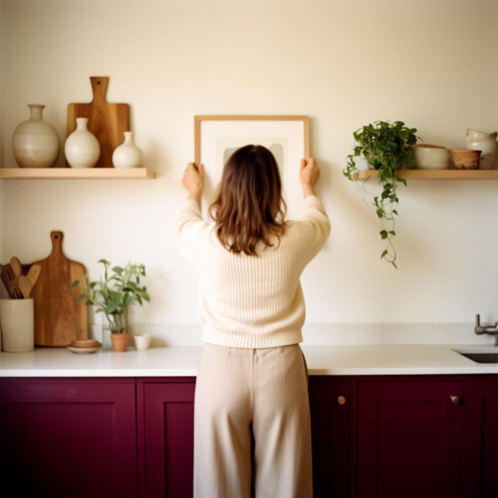 Person hanging a framed art print on a kitchen wall