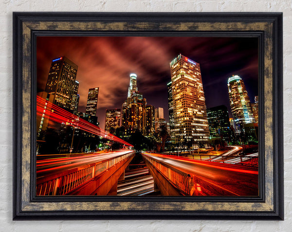 Downtown Los Angeles At Night Framed Print