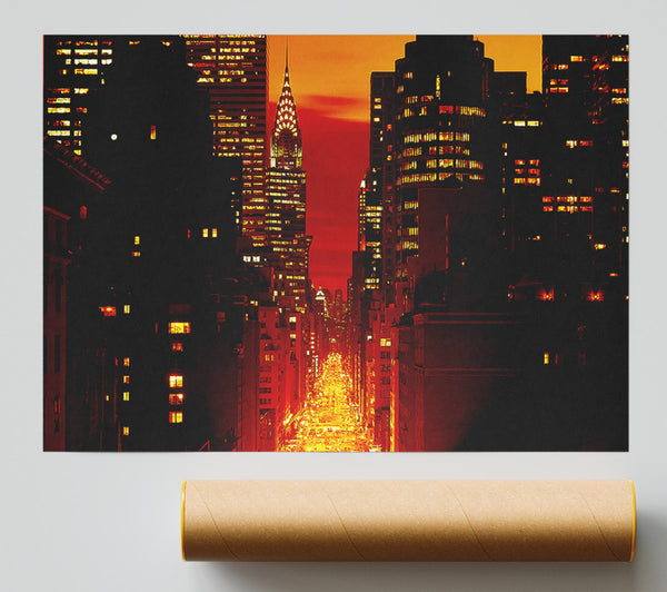 Empire State Building Fire Red Poster