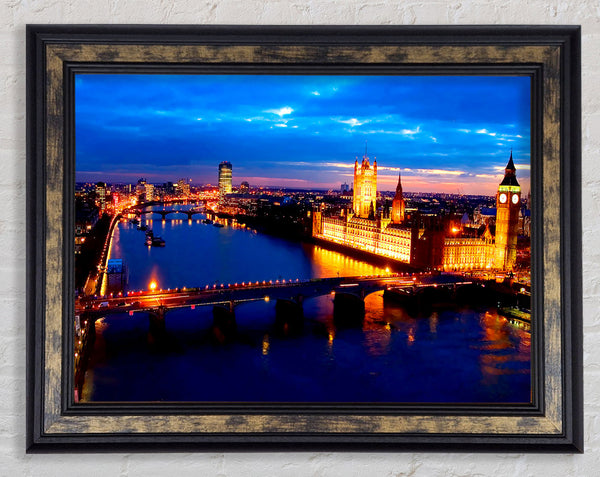 London Ariel View Night Blues Framed Print