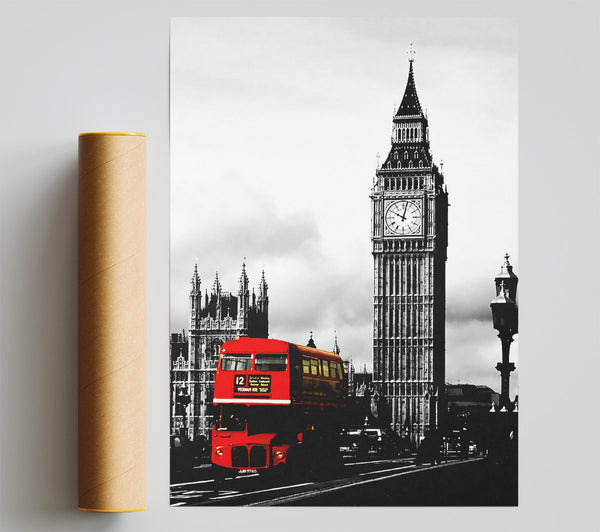 London Big Ben Red Bus B N W Print