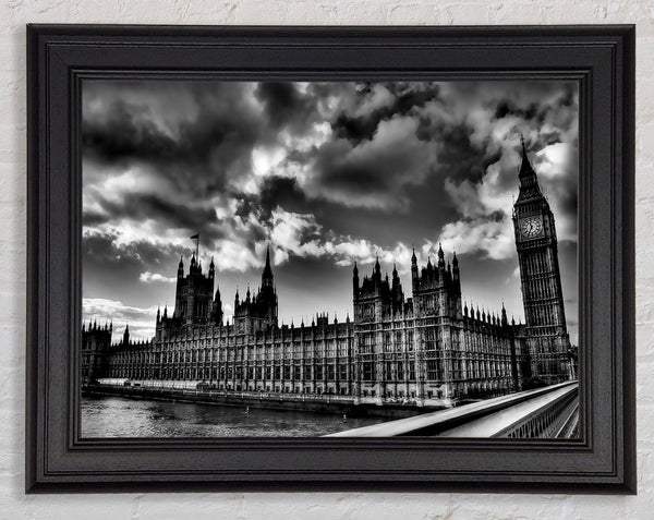 London Houses Of Parliament B n W Storm Clouds Framed Print