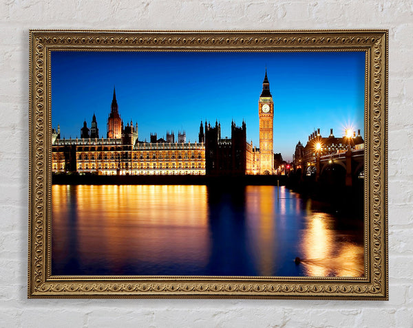 London Houses Of Parliament Night Reflections Framed Print