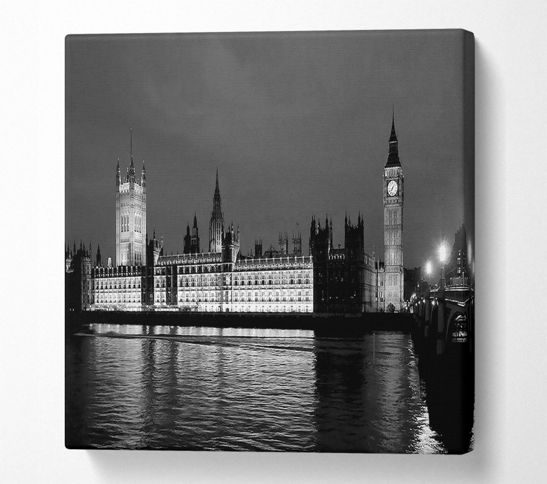  A Canvas Print of London Thames Houses Of Parliament B n W Night Canvas Print
